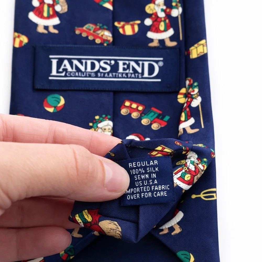 Lands’ End Christmas Santa Tie 100% Silk Navy Blue Novelty Holiday Necktie